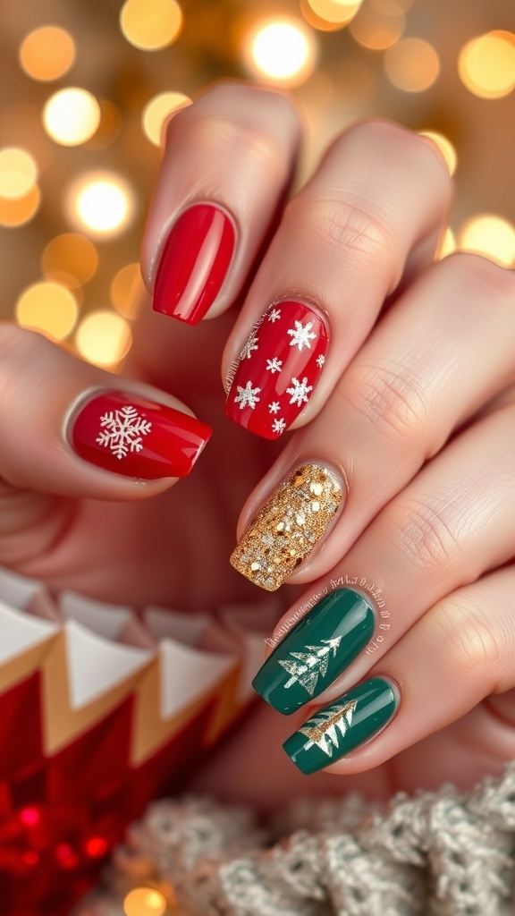 A collection of Christmas-themed nail art designs with snowflakes, Christmas trees, and glitter on festive colored nails.